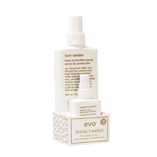 Evo heat protection spray bottle with packaging on a white background