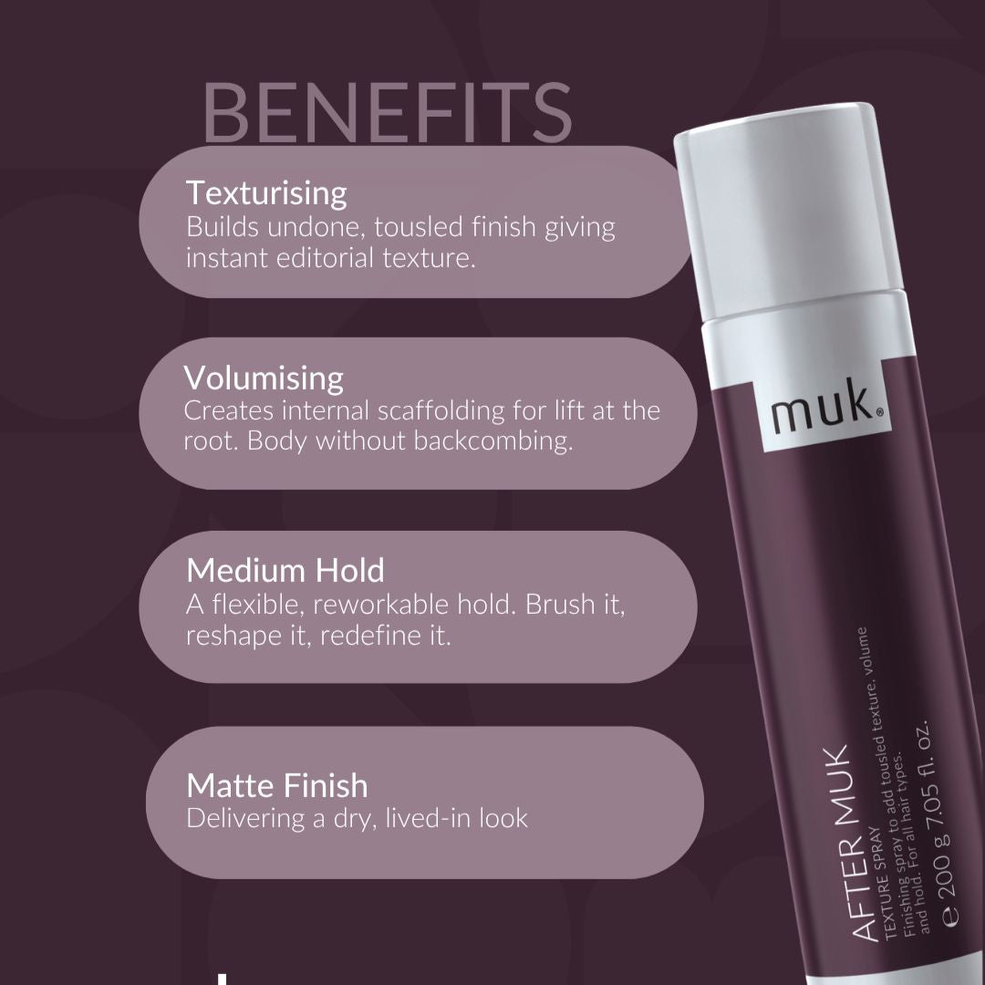 Muk hair product with benefits listed on a dark background