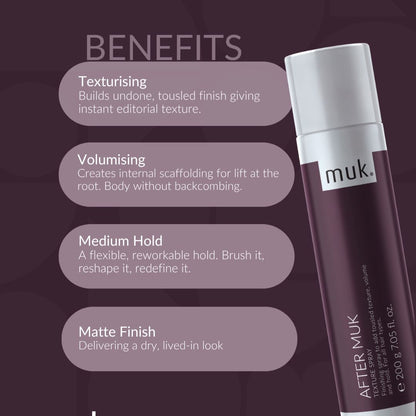 Muk hair product with benefits listed on a dark background