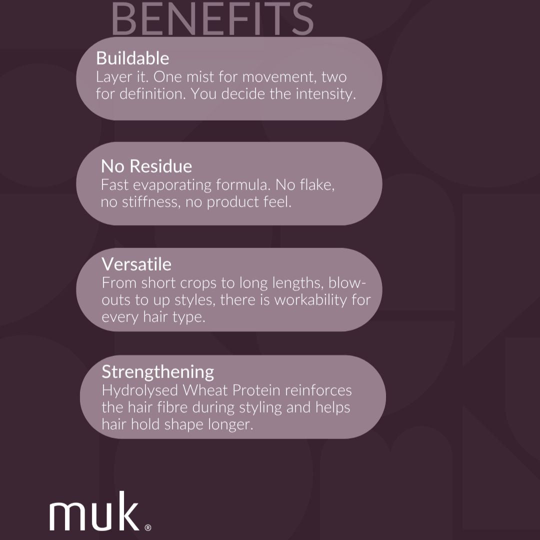 List of benefits for a hair product with 'muk' branding on a dark background
