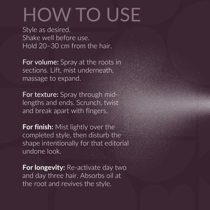 Instructions for using a hair product on a dark background