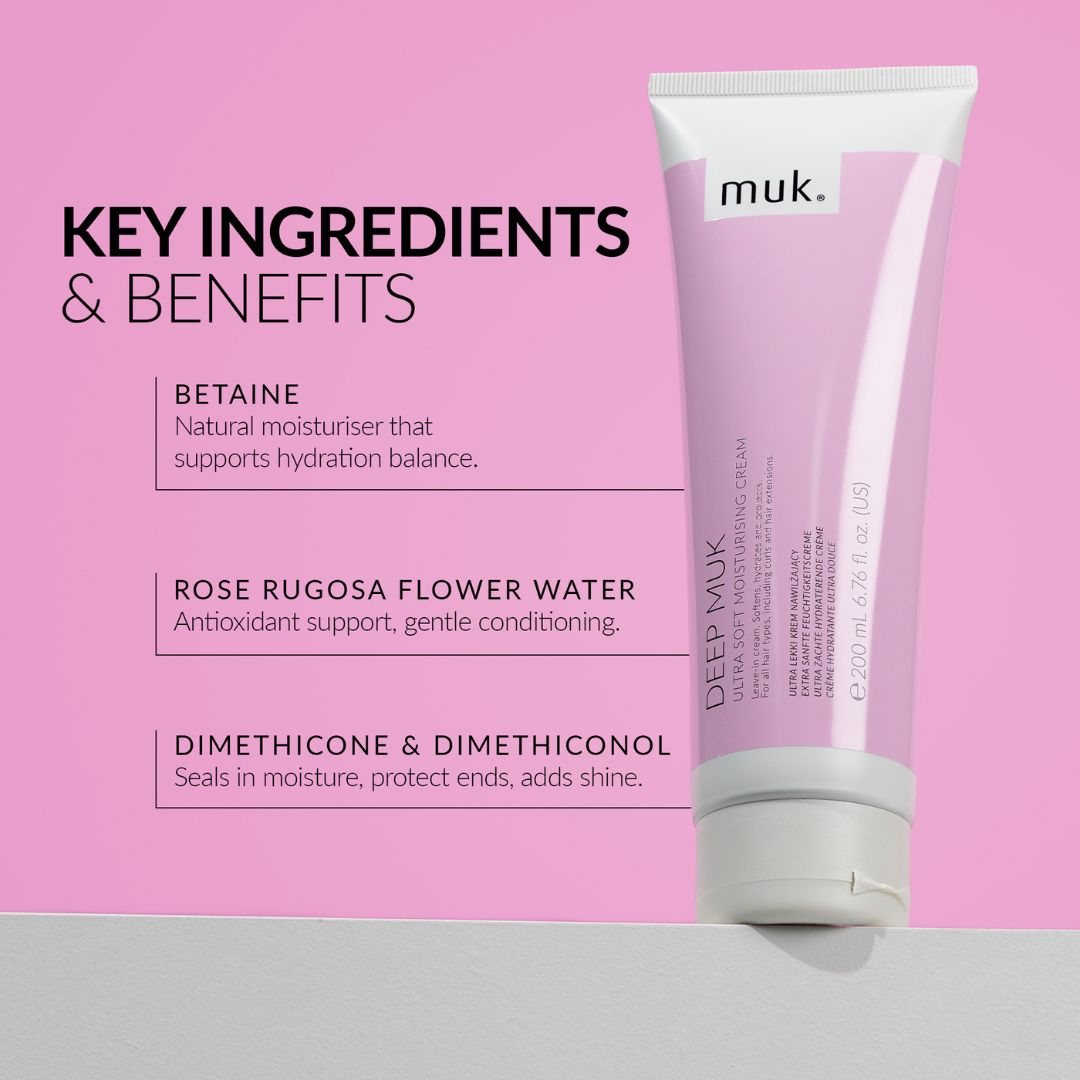 Muk hair care product with key ingredients and benefits on a pink background