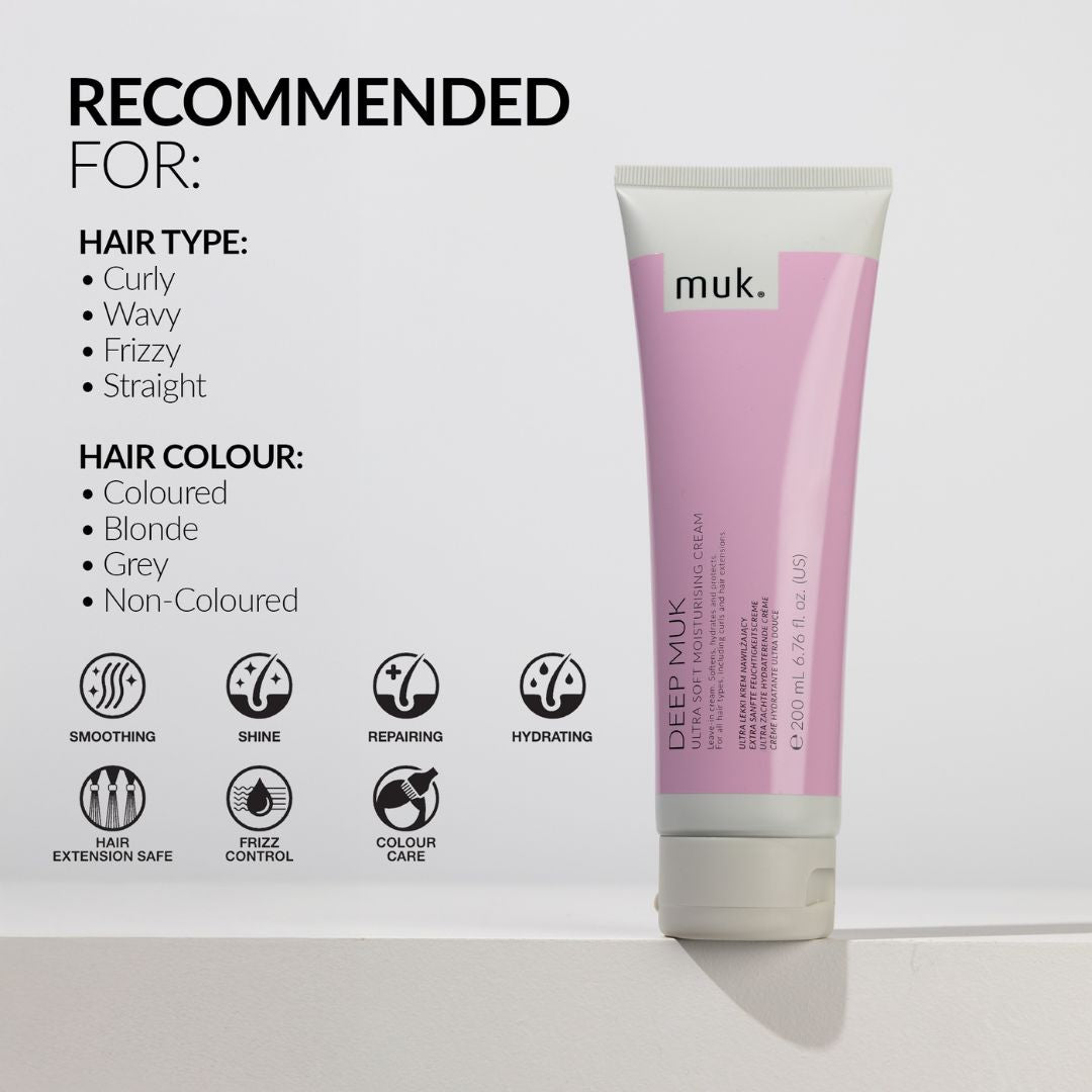 Muk hair care product with features listed on a white background