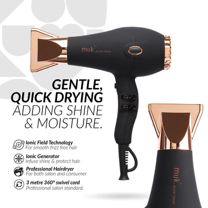 Black hair dryer with rose gold accents on a white background, featuring text about its features.