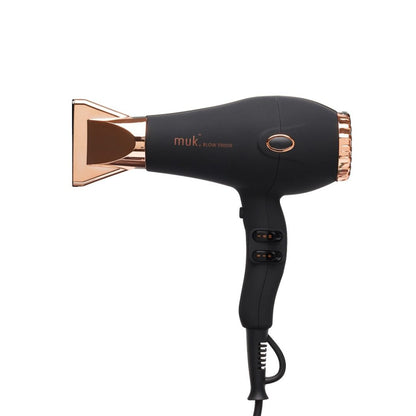 Black and rose gold hair dryer with 'muk' branding on a white background