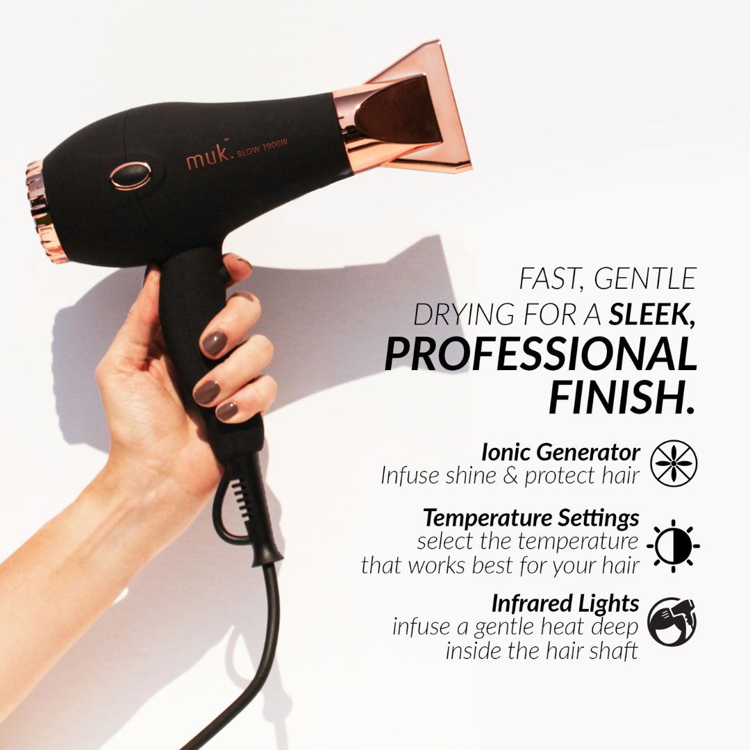 Hair dryer with rose gold accents held by a hand, on a white background with text about features.