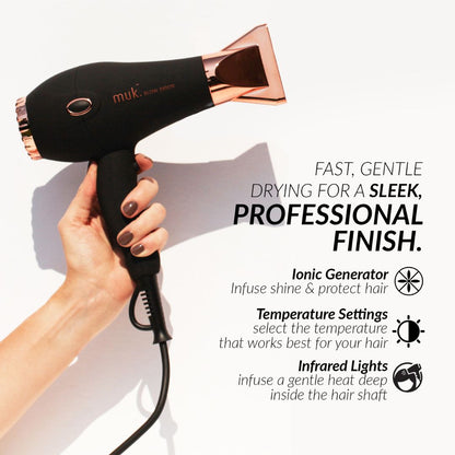 Hair dryer with rose gold accents held by a hand, on a white background with text about features.