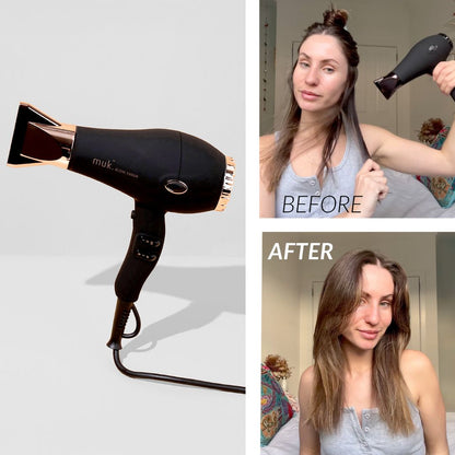 Black hair dryer with 'muk' branding, before and after images of a woman using the dryer.
