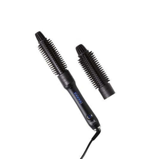 Black hair styling tool with bristle brush head on a white background