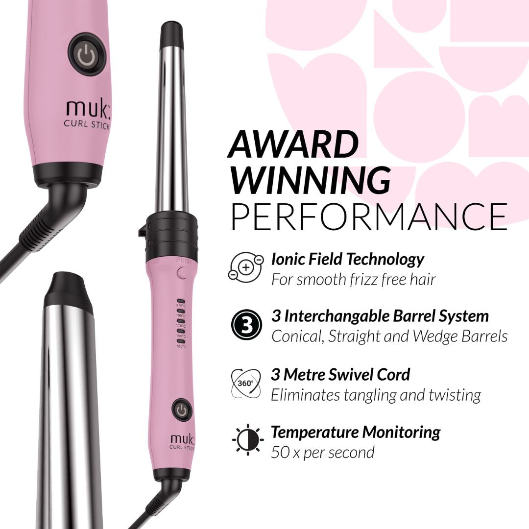 Pink and black MUK Curl Stick curling iron shown with close-up views of the barrel and swivel cord, alongside marketing text highlighting ionic field technology, interchangeable barrel system, 3 metre swivel cord, and temperature monitoring.