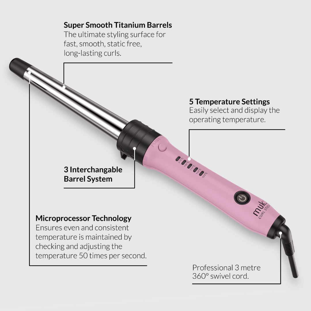 Pink curling iron with text callouts highlighting features like smooth titanium barrels, 5 temperature settings, 3 interchangeable barrels, microprocessor technology, and a 3 metre 360-degree swivel cord on a light gray background.