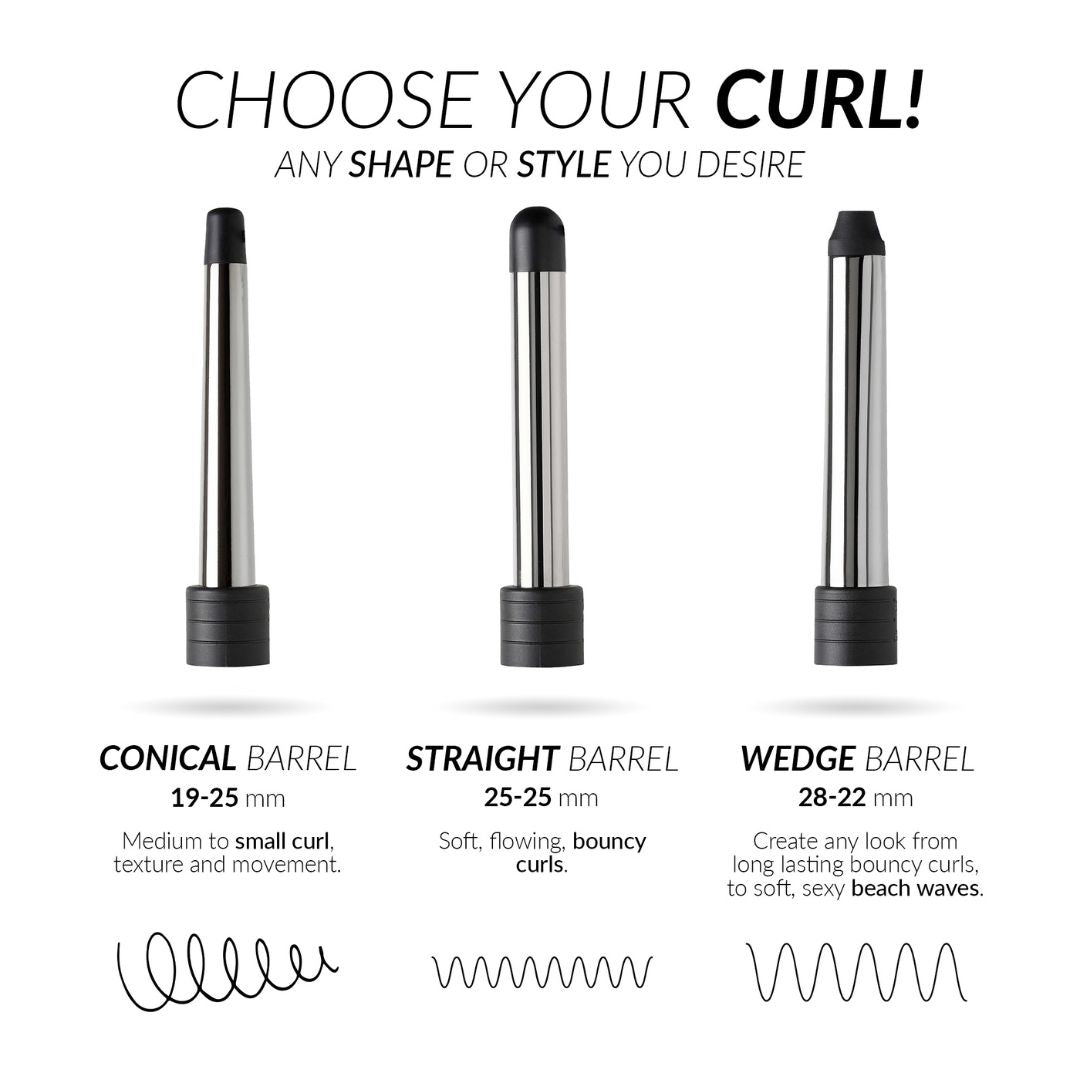 Three curling iron barrels with labels for conical, straight, and wedge barrels on a white background.