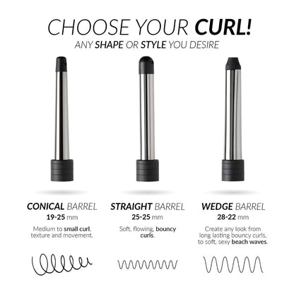 Three curling iron barrels with labels for conical, straight, and wedge barrels on a white background.