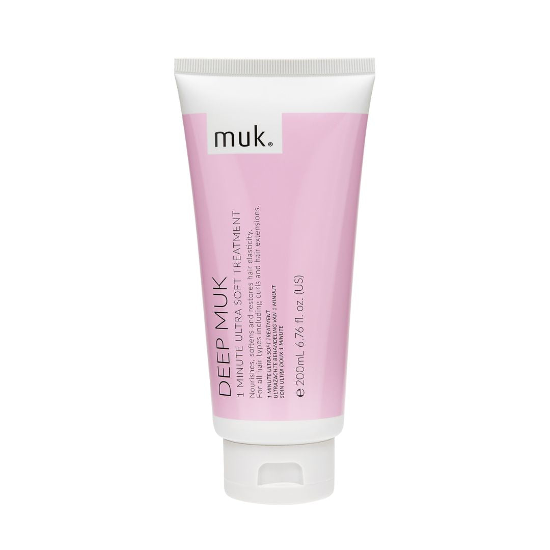 A 200 mL squeeze tube of Deep Muk 1-Minute Ultra Soft Treatment on a plain white background. The tube is white with a large light pink panel on the front and a white cap.