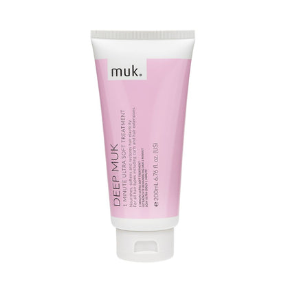 A 200 mL squeeze tube of Deep Muk 1-Minute Ultra Soft Treatment on a plain white background. The tube is white with a large light pink panel on the front and a white cap.
