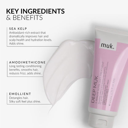 Muk Deep Muk hair treatment tube with key ingredients and benefits listed on a white background