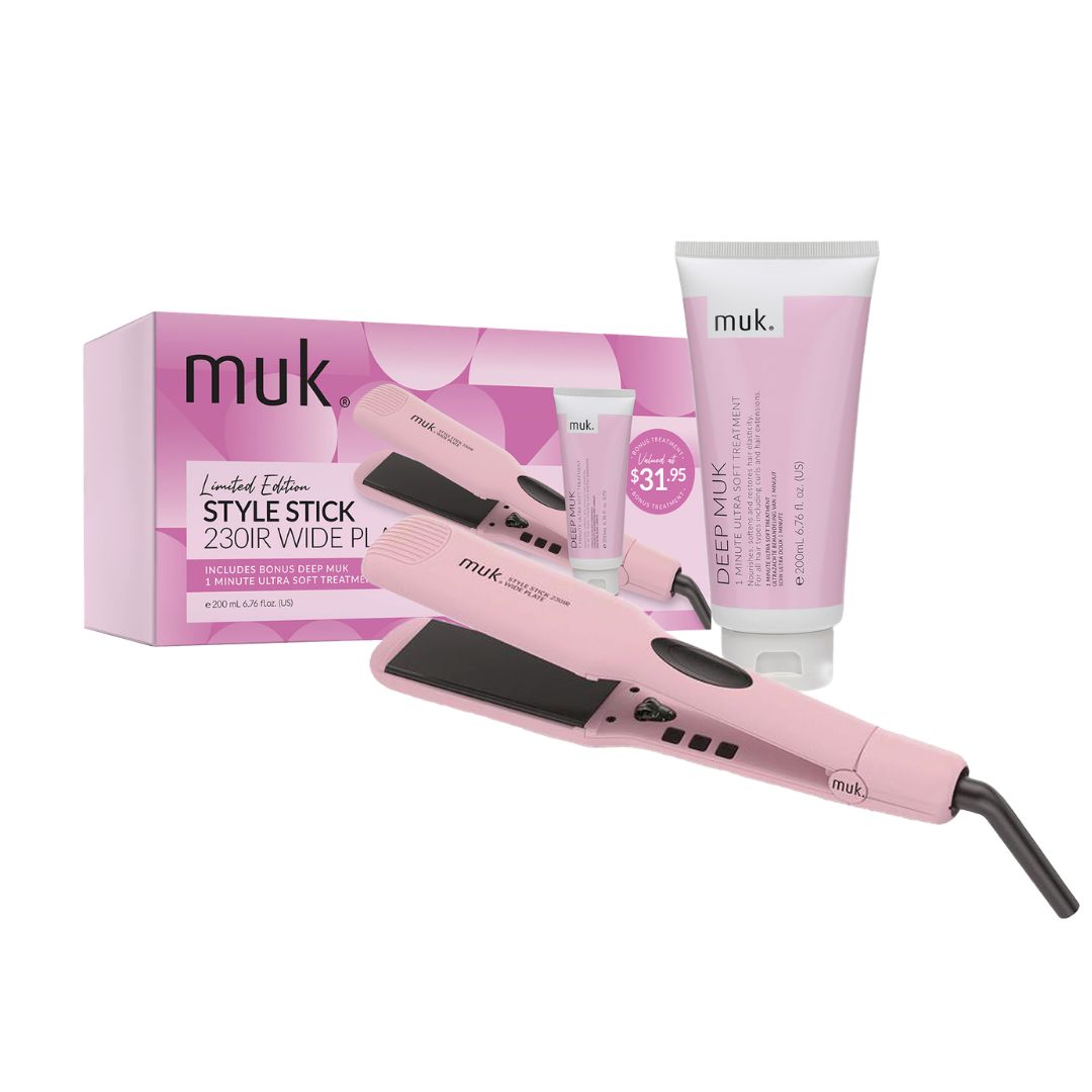 Muk hair styling set featuring a pink 230MR wide flat iron, a Deep Purgative Cleansing Milk tube, a small treatment tube, and the product packaging box on a white background.