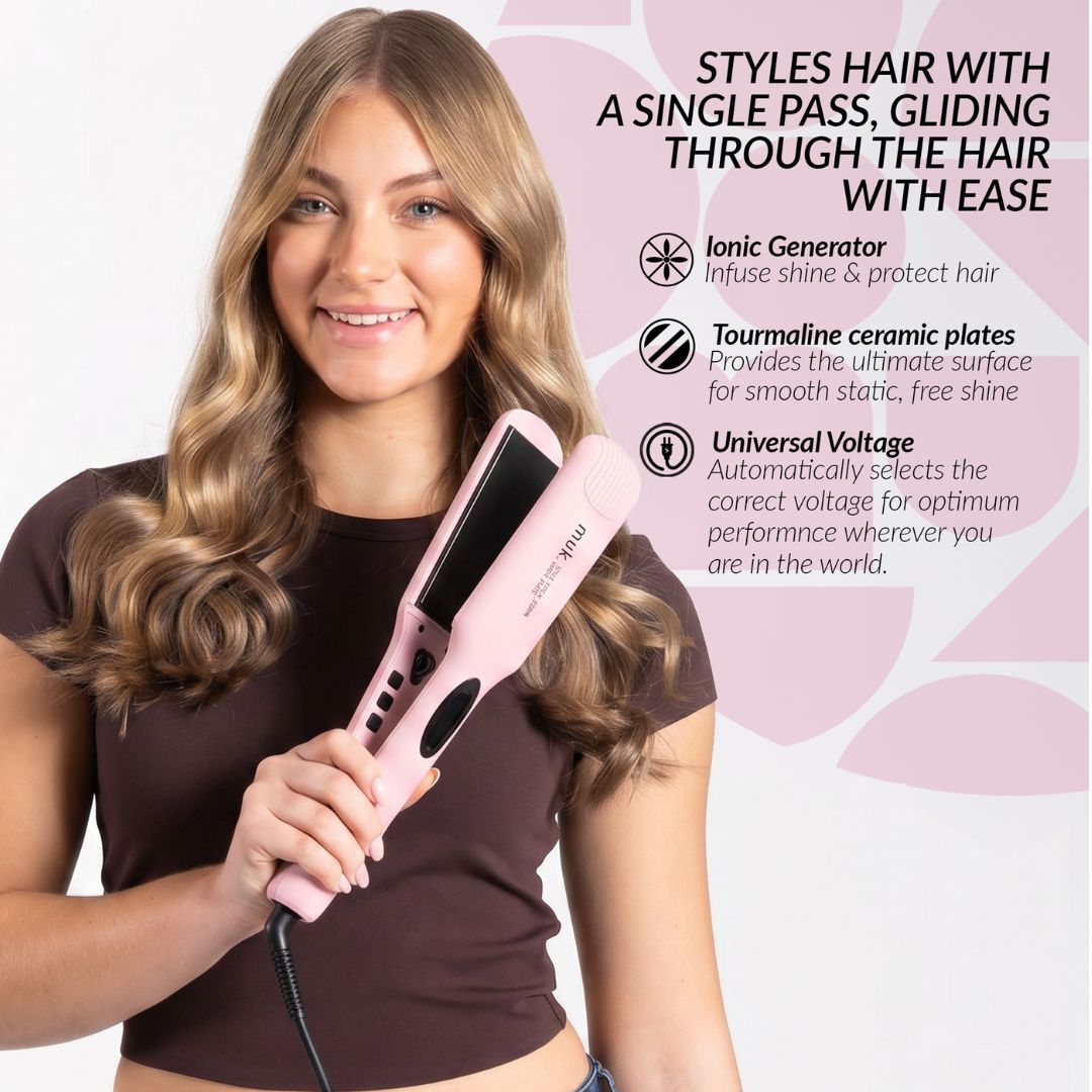 A woman with long wavy blonde hair holds a pink hair straightener with black plates. The image includes text describing the hair styling features of the straightener.