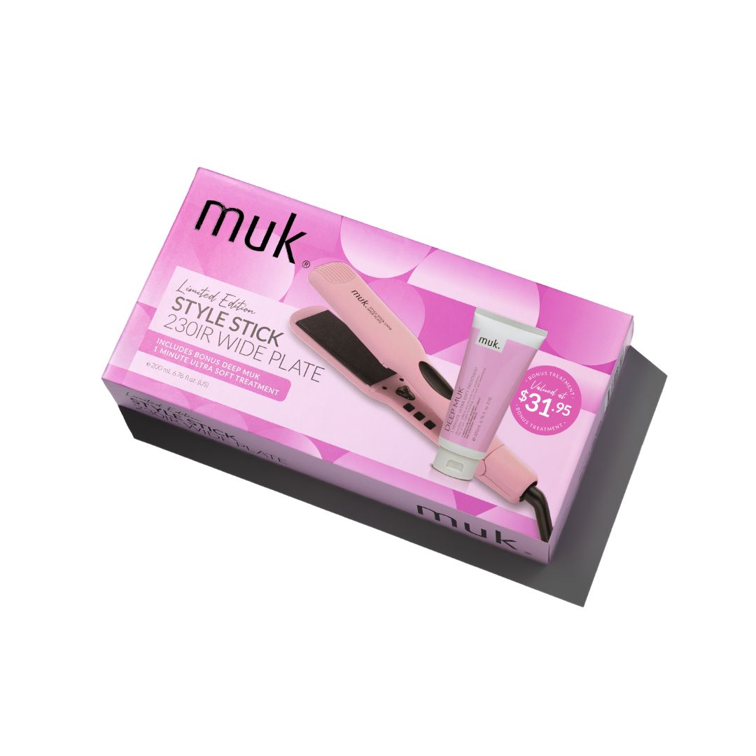 Muk Last Edition Style Stick 200J Wide Plate hair straightener set in its original pink packaging, featuring the pink wide plate and a matching pink treatment tube.