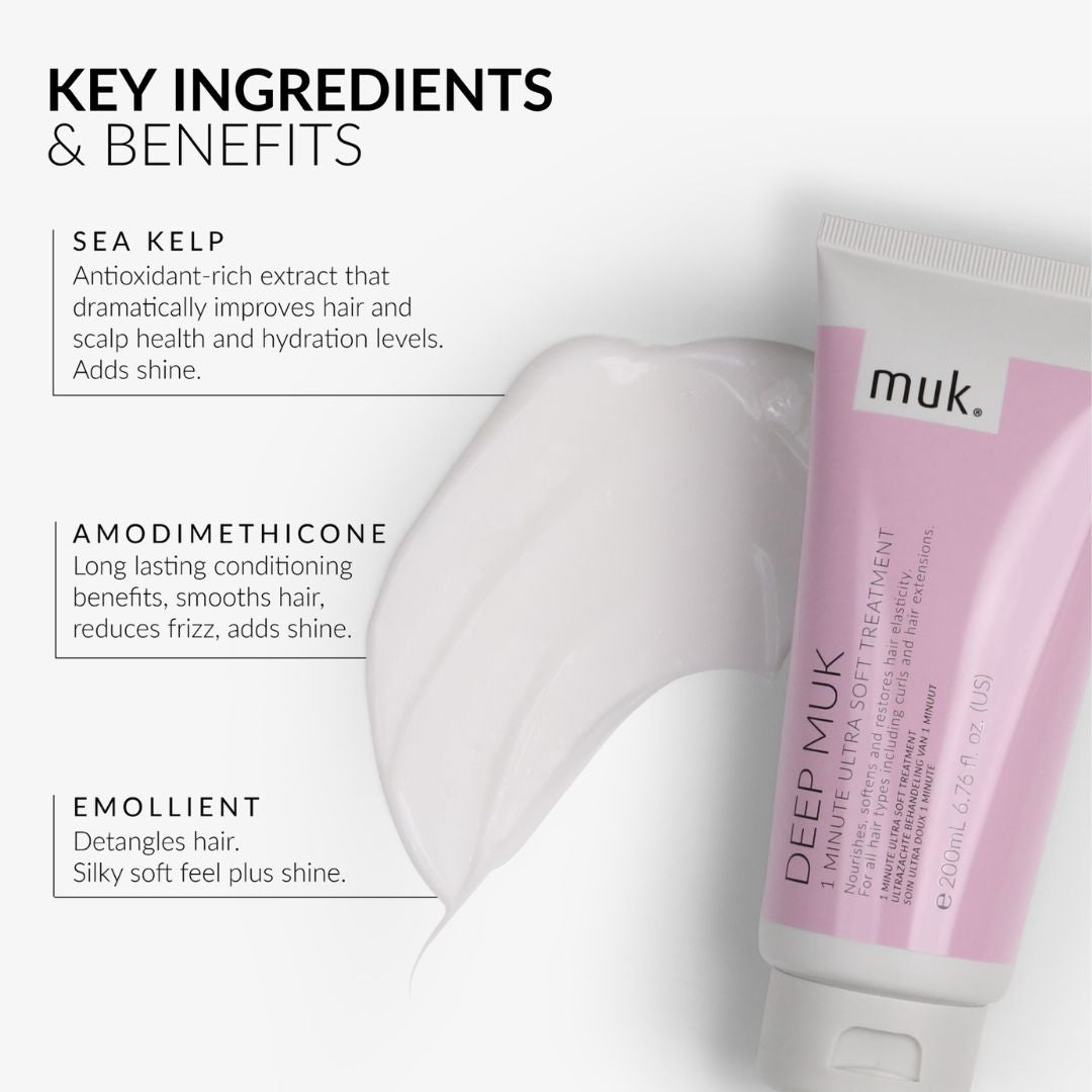 A pink tube of Deep Muk 1 Care Ultra Soft Treatment hair treatment shown next to a white smear of conditioner on a light gray background, with text detailing key ingredients and benefits.
