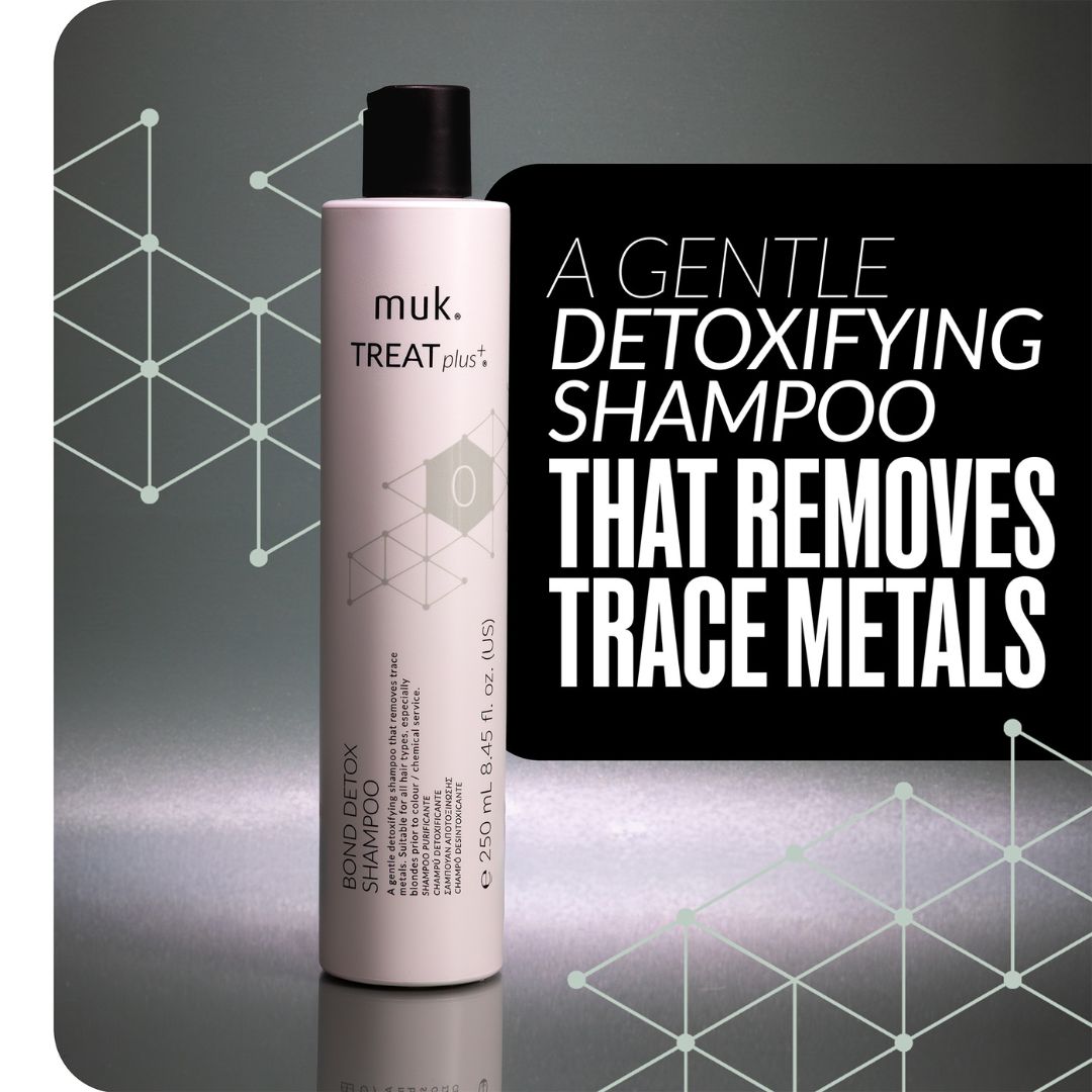 muk. Treat plus Bond Detox Shampoo bottle with promotional text on a geometric patterned background