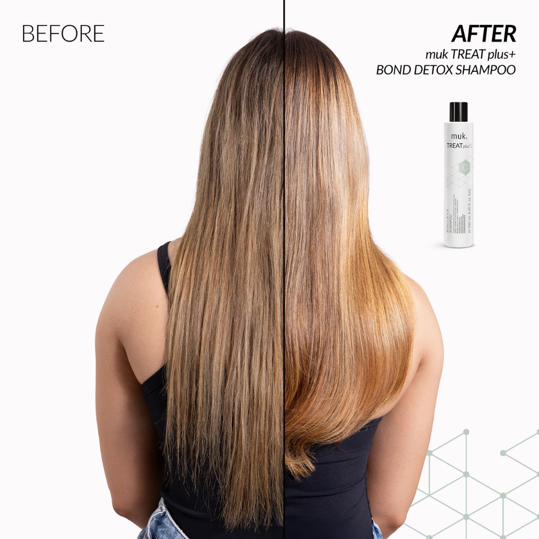 Before and after comparison of hair with a shampoo product on a white background