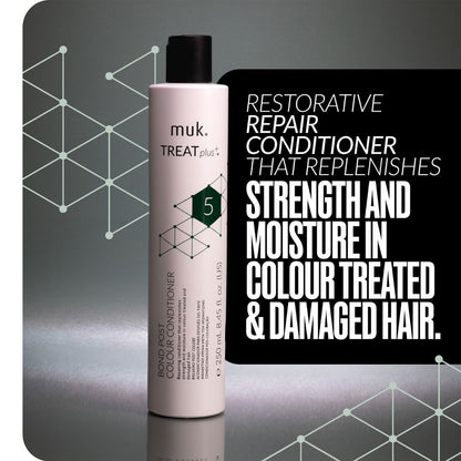 muk. Treat+5 Bond Post Colour Conditioner bottle with promotional text on a gray background