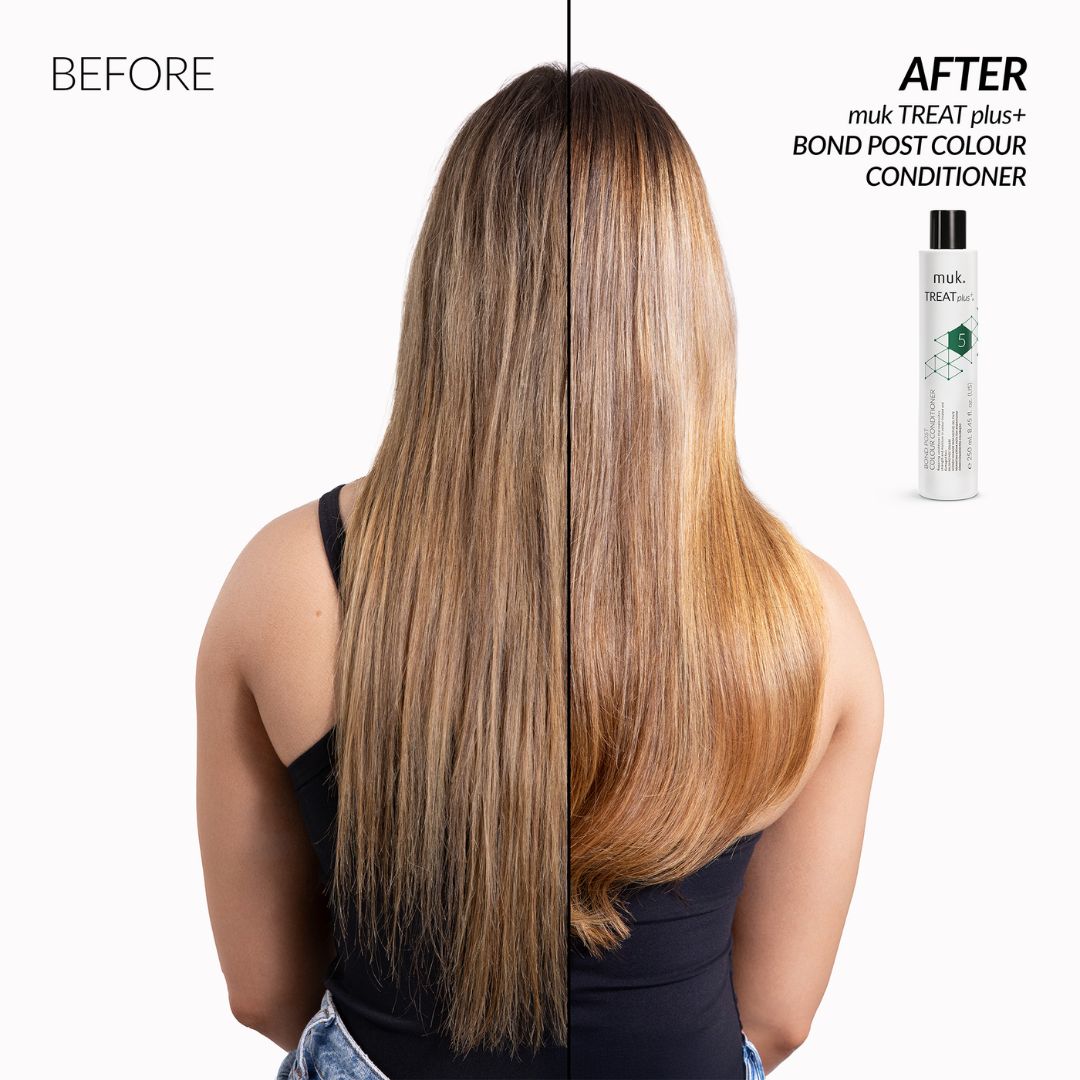 Before and after comparison of hair with a conditioner product on a white background