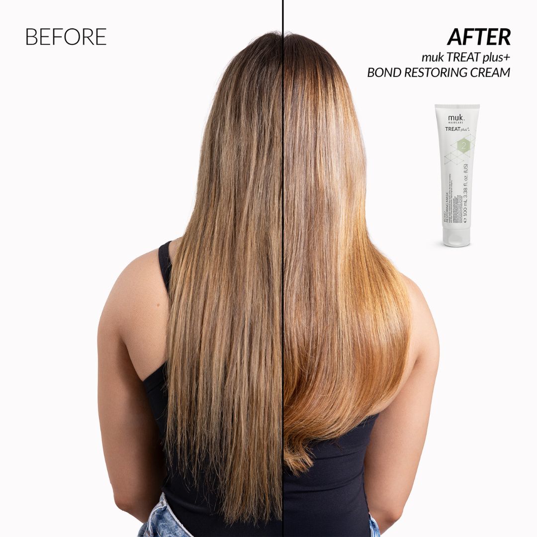 Before and after comparison of hair with muk treat plus bond restoring cream.