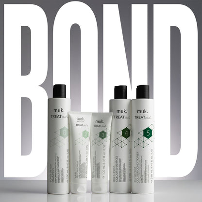 Set of muk hair care products with 'TREAT plus' branding on a gray background with 'BOND' text.